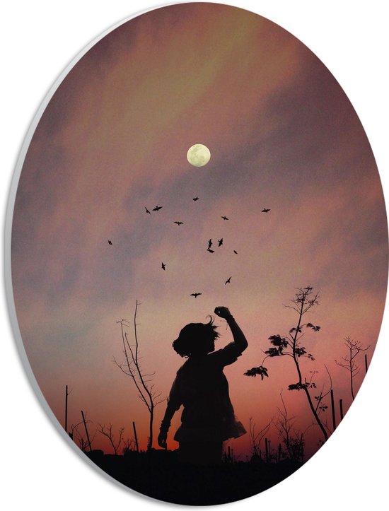 PVC Schuimplaat Ovaal - Witte Maan aan de Hemel bij Meisje tussen Bloemen - 21x28 cm Foto op Ovaal (Met Ophangsysteem)