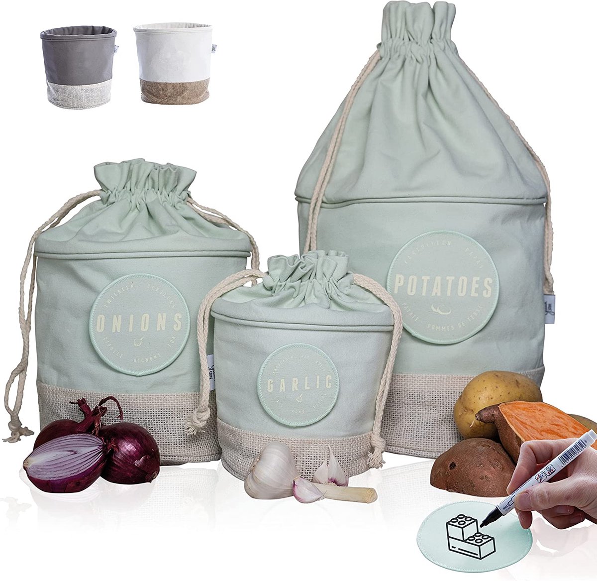 Opbergdoos Set Van 3 Uit Stof [Duurzaam] Doos Voor Het Bewaren Van Aardappelen En Uien | Opbergcontainer Voor Keuken En Badkamer | Vintage Mand Retro Linnen Tas | Netzakken Voor Voedselopslag (Mint)