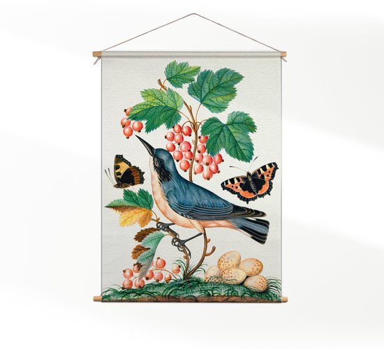 Textielposter Prent Natuur Vogel en Bloemen 10 L (85 X 60 CM) - Wandkleed - Wanddoek - Wanddecoratie