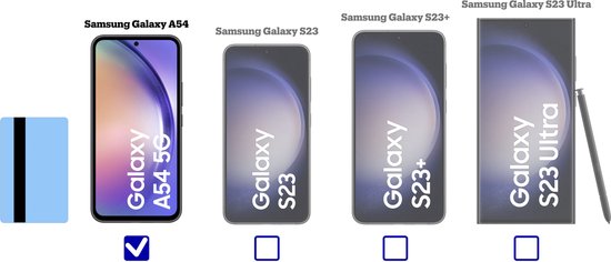 Vergelijking van Samsung telefoons: Galaxy A54 5G, Galaxy S23, Galaxy S23+ en Galaxy S23 Ultra.