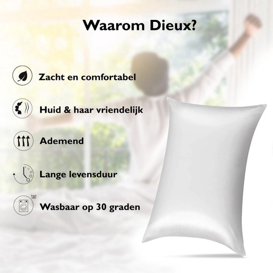 Dieux® - Luxe Satijnen Kussensloop - Wit - Kussenslopen 60 x 70 cm - set van 2 - Kussensloop Satijn - Anti allergeen - Huidverzorging - Haarverzorging - Dieux®
