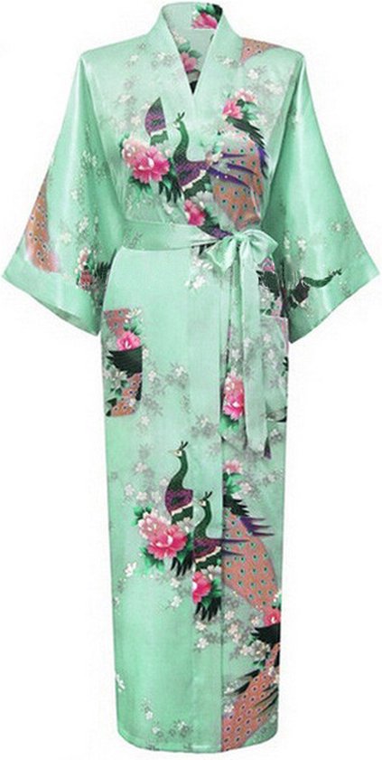 KIMU® Kimono Mintgroen Satijn - Maat S-M - Ochtendjas Yukata Mint Kamerjas Badjas - Boven De Enkels Festival