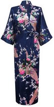 KIMU® Kimono Donkerblauw 7/8e - Maat S-M - Yukata Satijn Boven de Enkel - Lange Donkerblauwe Ochtendjas Japanse Kamerjas Sexy Satijnen Badjas Geisha Festival