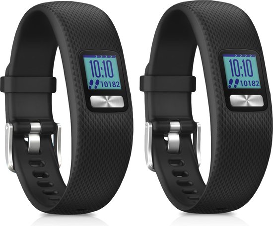 Twee zwarte, geribbelde TPU bandjes voor Garmin Vivofit 4, toon de tijd en stappen.
