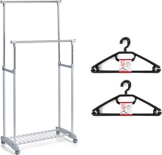 Kledingrek met kleding hangers - dubbele stang - kunststof - grijs - 83 x 43 x 107
