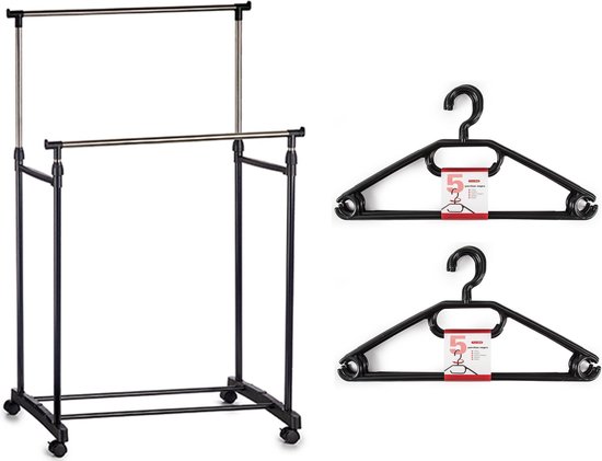 Kledingrek met kleding hangers - dubbele stang - kunststof - zwart - 80 x 42 x 160