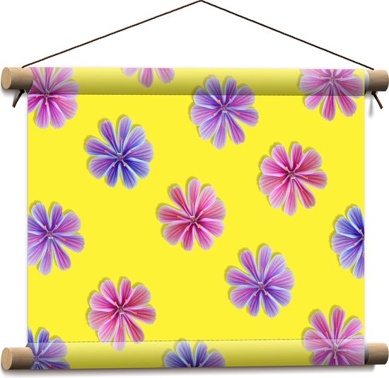 Textielposter - Paars en Roze Bloemetjes Patroon op Gele Achtergrond - 40x30 cm Foto op Textiel