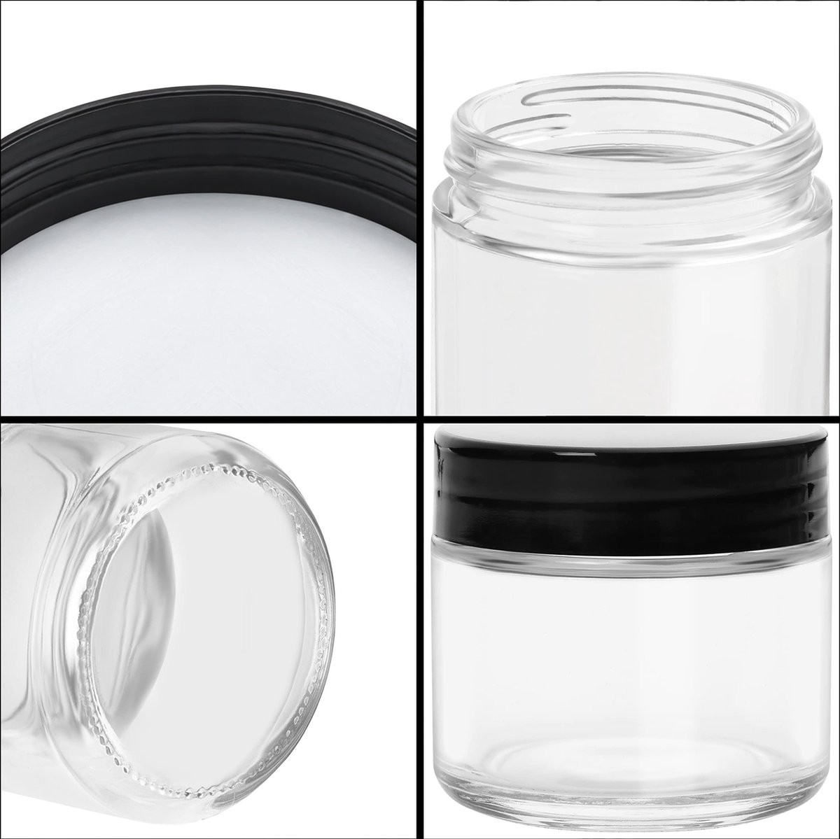 Petit Pot Pommade 30ml Verre Transparent (Paquet de 6) avec Couvercle Noir