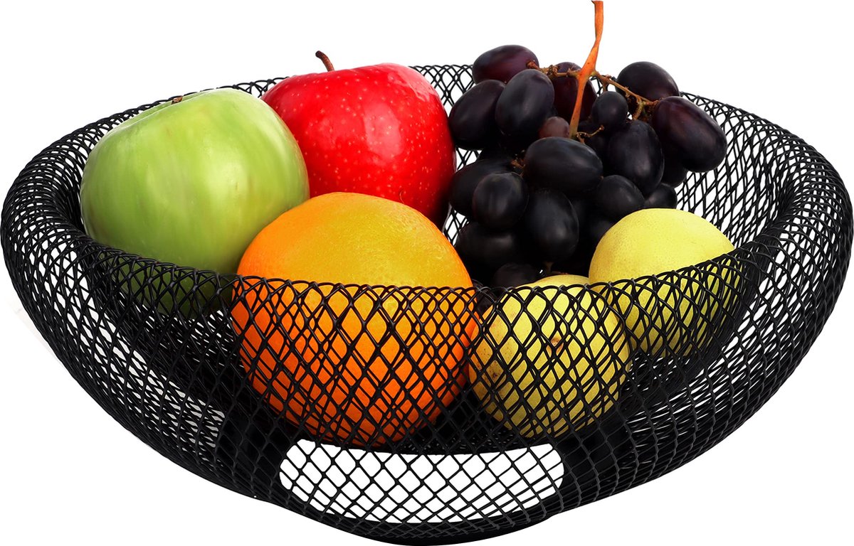 Belle Vous Zwart Metalen Fruit Mand – 24 cm – Decoratieve Opslag Houder Schaal Voor Fruit, Groente & Brood – Voor Keukens, Huis, Tafel Decor Kopstukken en Keukenbladen