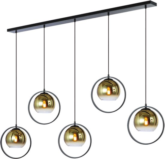Moderne Hanglamp Aureo | 5 lichts | goud / zwart | glas / metaal | Ø 20 cm | in hoogte verstelbaar tot 140 cm | eetkamer / eettafellamp | modern / sfeervol design
