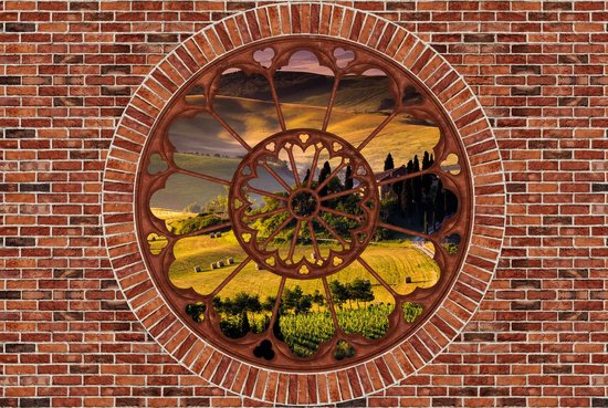 Fotobehang - Vlies Behang - 3D Uitzicht op Toscane door Rond Raam - 254 ...