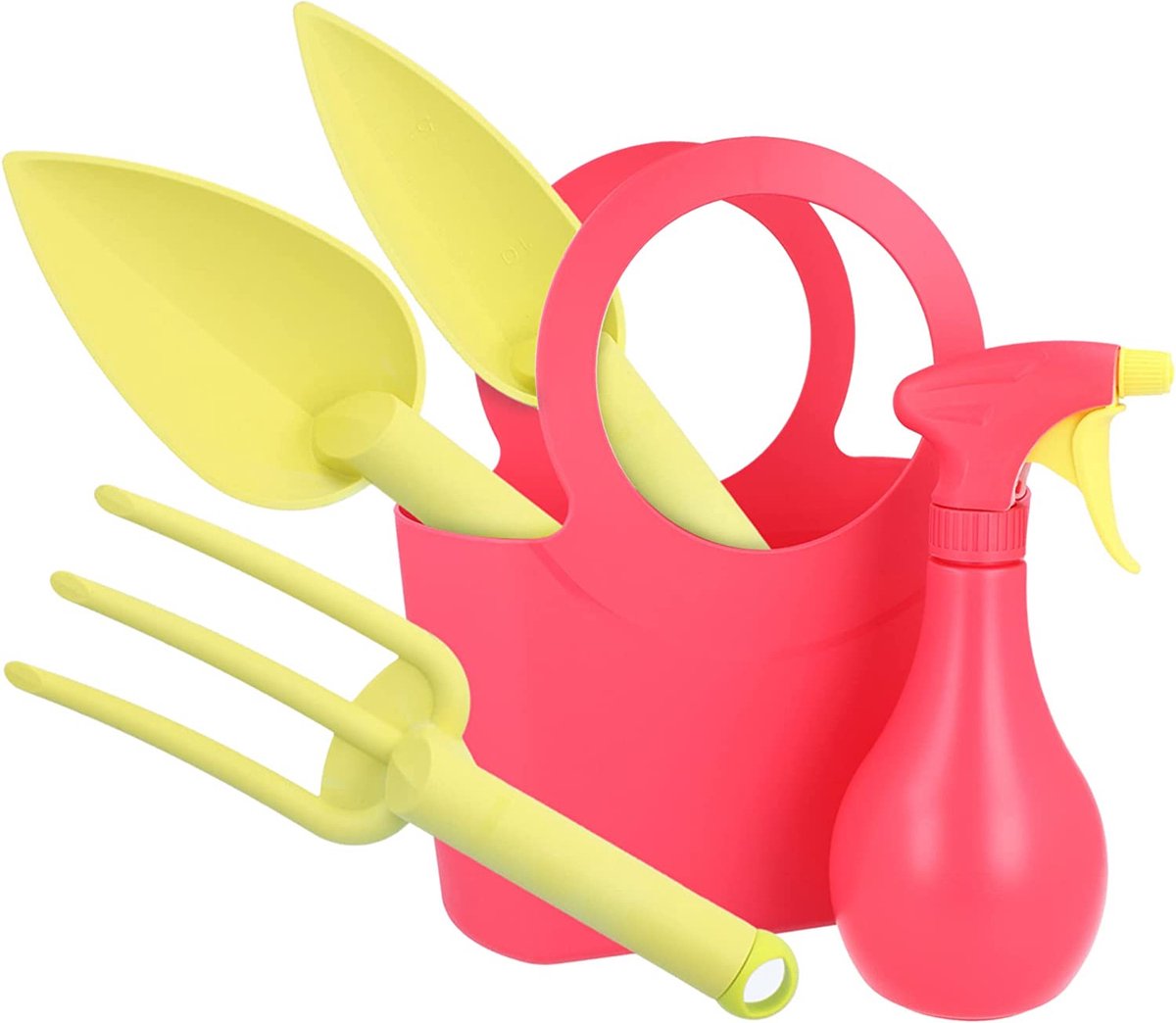 5-delige tuingereedschapsset - bloemschep, plantenbekken, bloemvorken, spuitfles en draagtas (05-delig roze)
