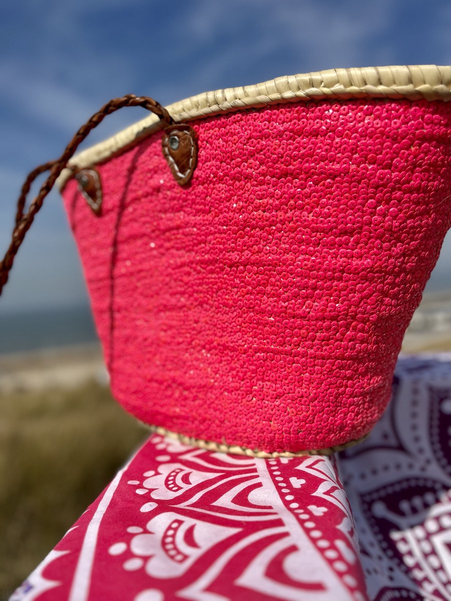 Bohemida- Rieten Tas - Boho Ibiza Shopper tas/Strandtas - Roze/Pink pailletten - Boodschappentas - Mandtas – Boodschappenmand
