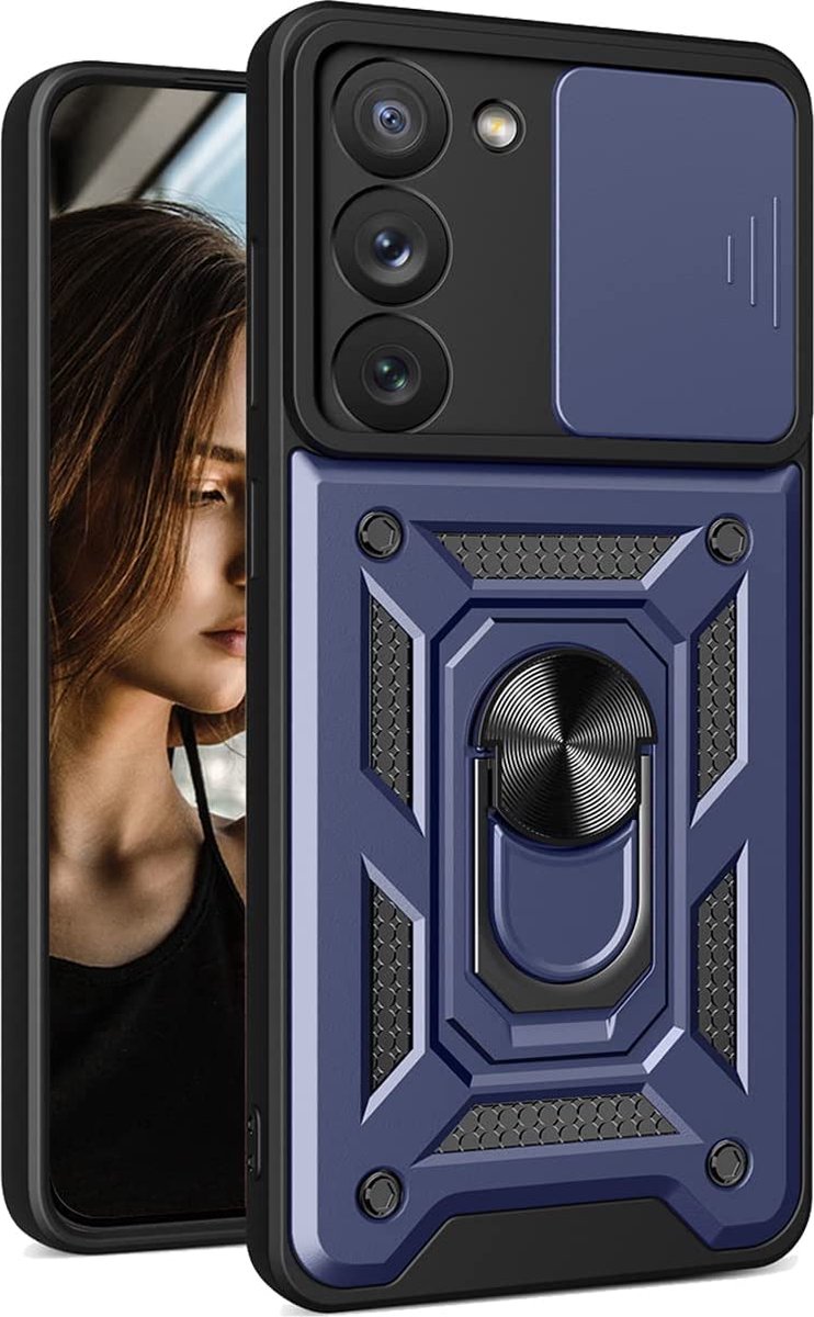 Arara Hoesje geschikt voor Samsung Galaxy S23 hoesje met Ring Houder en camera bescherming schuifje – Blauw