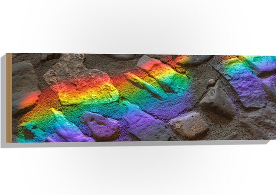 Hout - Regenboog Lichtstralen op Stenen - 90x30 cm - 9 mm dik - Foto op Hout (Met Ophangsysteem)