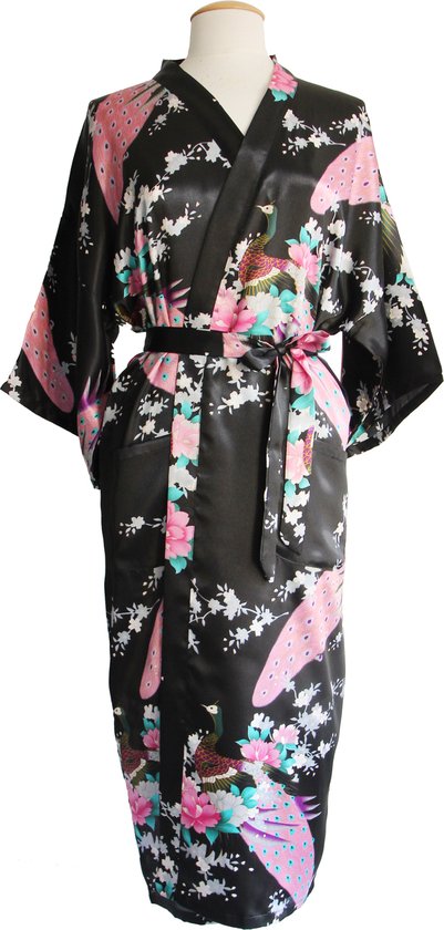 KIMU® Kimono Zwart 3/4 - Maat M-L - Yukata Satijn Onder de Knie - Driekwarts Zwarte Ochtendjas Japanse Kamerjas Sexy Satijnen Badjas Geisha Pauw Japan Festival