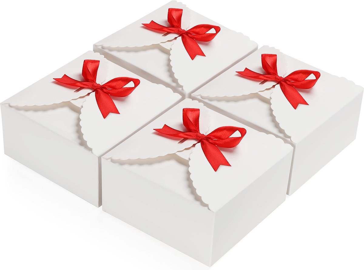 Belle Vous Wit Geribbeld Hobby Papier Vierkant Geschenkdozen met Rood Lint (50 Pak) – 12 x 12 x 6 cm – Kleine Dozen Voor DIY Huwelijk en Feest Geschenken, Giften & Snoep