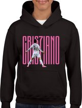 Ronaldo - Kinder Hoodie - Zwart - Hoodie leeftijd 11 tot 12 jaar - Voetbal shirt - Cadeau - Hoodie- CR7 - voetbal - verjaardag - Unisex Kids hoodie - Roze tekst