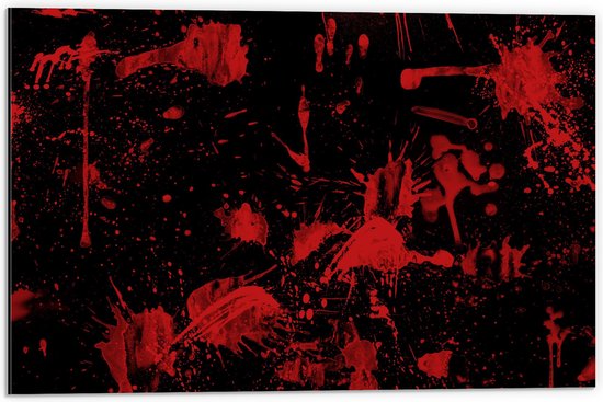Dibond - Rode Verfspetters en Vlekken op Zwarte Muur - 60x40 cm Foto op Aluminium (Met Ophangsysteem)