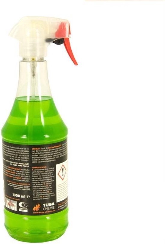 Achterkant van een groene ALU-Teufel spuitfles gevuld met groene vloeistof. Met waarschuwingssymbolen en barcode.