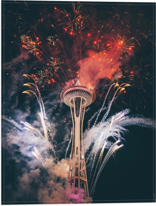 Vlag - Vuurwerkshow boven Space Needle Platform in Seattle, Verenigde Staten - 30x40 cm Foto op Polyester Vlag