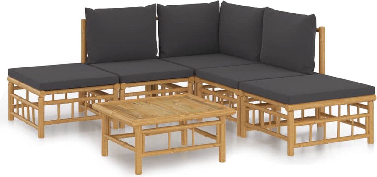 vidaXL 6-delige - Loungeset - met - kussens - bamboe - donkergrijs