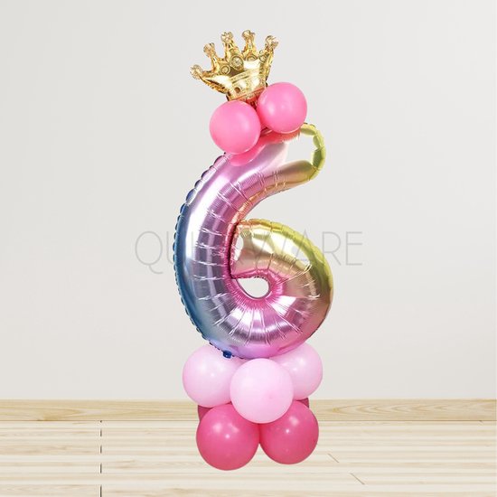 Leeftijdballon 6 Jaar - Hoera 6 Jaar - Prinsessenfeest - Kinderverjaardag Prinses Thema - Kinderfeestje Prinsessen – Unicorn – Regenboog - Princess Birthday Decoration - Meisje Verjaardag Feest Prinses - Roze Prinsessen Verjaardag - Ballon met Kroon