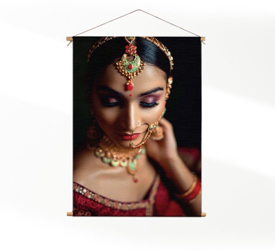 Textielposter Indiaanse Vrouw In Kostuum CM) - Wandkleed - Wanddoek - Wanddecoratie