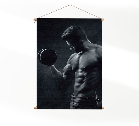 Textielposter Sexy Man Heft Gewicht Met Halter M (55 X 40 CM) - Wandkleed - Wanddoek - Wanddecoratie