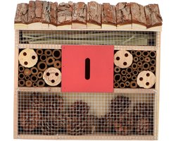 Insectenhotel met dak van schors en rood middenvak 30 cm - Tuindecoratie - Diervriendelijk - Hotel/huisje voor insecten