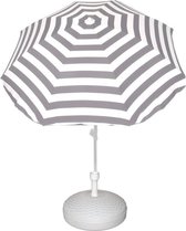 Voordelige set: grijs/wit gestreepte parasol en rotan kunststof parasolvoet wit - diameter parasol 180 cm