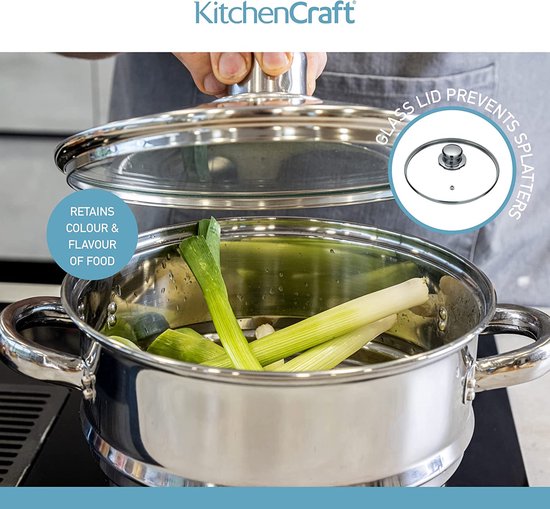 KitchenCraft Universal Steamer with Lid, Universal Steamer with Glass Lid, Fits Almost Any Pan and Saucepan, Silver Stainless Steel, Diameter 16, 18 and 20 cm