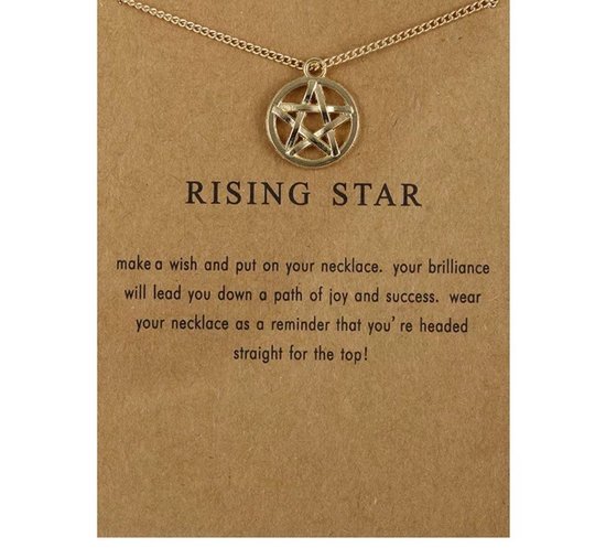 Gouden ketting met een Davidster-hanger en de tekst 'RISING STAR'.