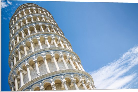 Dibond - Toren van Pisa vanaf onder - Italië - 90x60 cm Foto op Aluminium (Wanddecoratie van metaal)
