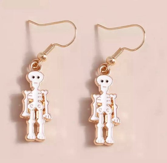 Akyol - skelet oorbellen – wit - goudkleurig - skelet - Cadeau - skeletten sieraad - oorbel skelet - halloween oorbellen - Halloween - trick or treat - griezelig - Halloween oorbel voor meisjes - sieraad voor meisjes - carnaval-party – cadeau - g