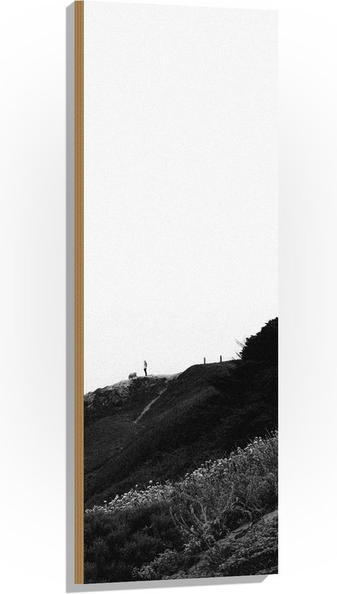 WallClassics - Hout - Persoon op Heuvels in Landschap (Zwart- wit) - 40x120 cm - 9 mm dik - Foto op Hout (Met Ophangsysteem)