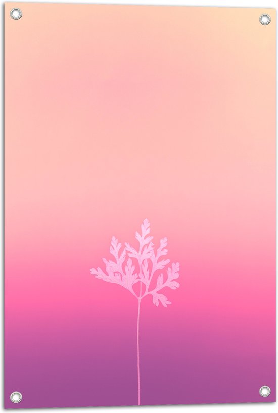 Tuinposter – Wit Silhouet van Blad aan Tak tegen Achtergrond in Roze Tinten - 50x75 cm Foto op Tuinposter (wanddecoratie voor buiten en binnen)