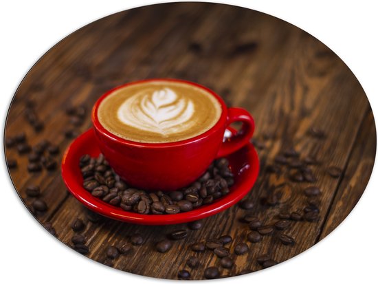 Dibond Ovaal - Rood Kopje met Koffie Omringd door Koffiebonen - 108x81 cm Foto op Ovaal (Met Ophangsysteem)