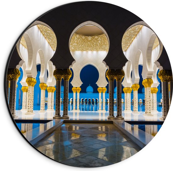 Dibond Muurcirkel - Prachtig Versierde Binnenkant van Sjeik Zayed Moskee in Abu Dhabi - 20x20 cm Foto op Aluminium Muurcirkel (met ophangsysteem)