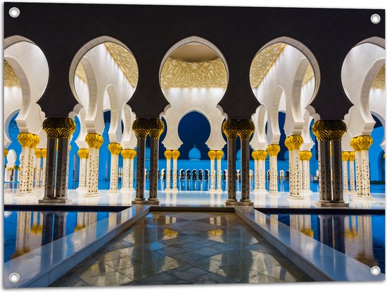 Tuinposter – Prachtig Versierde Binnenkant van Sjeik Zayed Moskee in Abu Dhabi - 80x60 cm Foto op Tuinposter (wanddecoratie voor buiten en binnen)