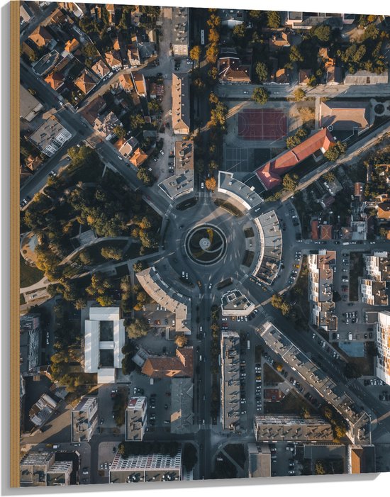 Hout - Bovenaanzicht van Stad met Grote Rotonde - 75x100 cm - 9 mm dik - Foto op Hout (Met Ophangsysteem)