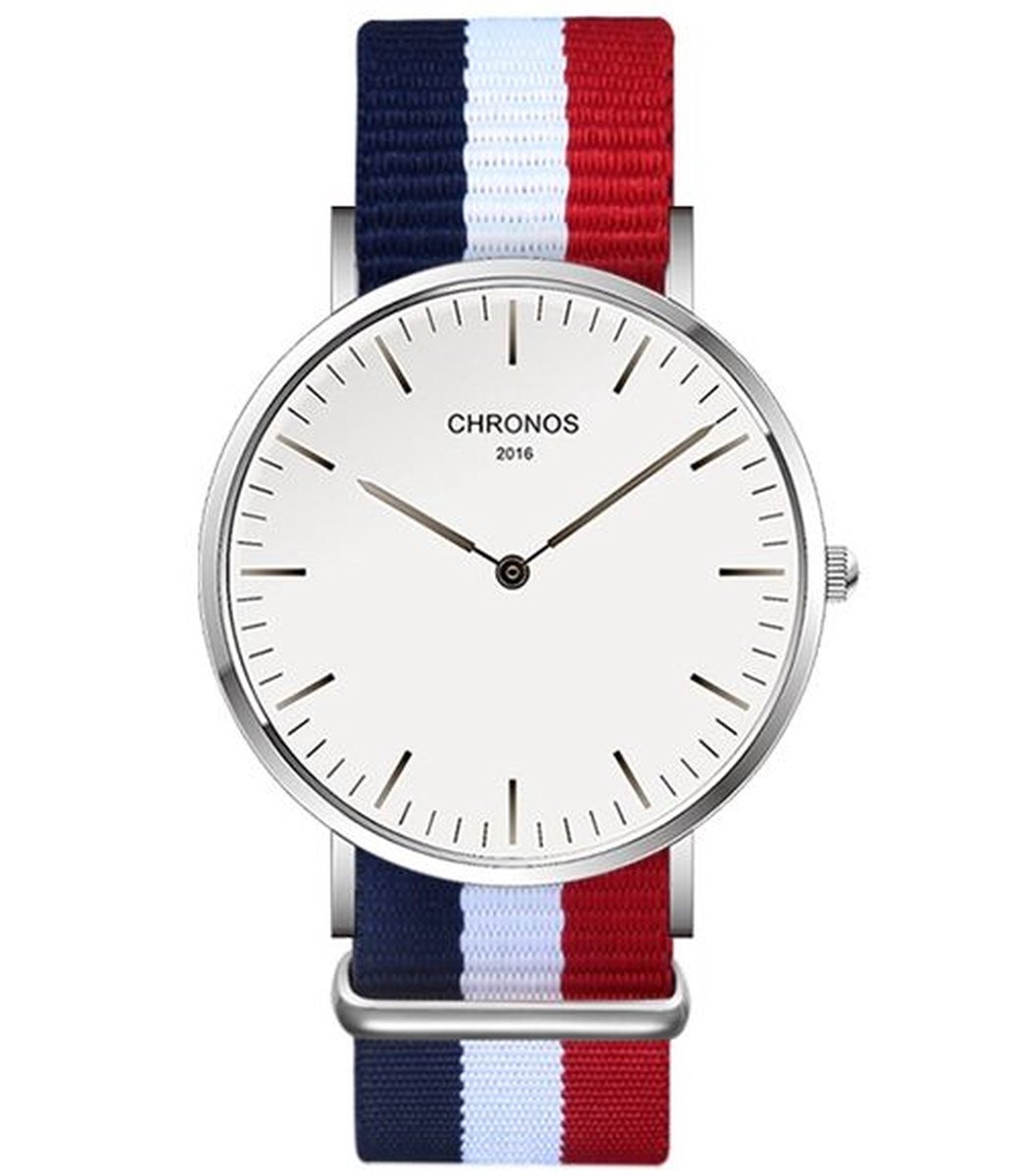 Minimalist Horloge - Zilver kleurig met Rood - Wit - Blauwe band - Quartz Uurwerk - Horloge Heren Dames - Cadeau voor Man
