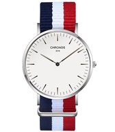 Minimalist Horloge - Zilver kleurig met Rood / Wit / Blauwe band - Quartz Uurwerk - Horloge Heren Dames - Cadeau voor Man