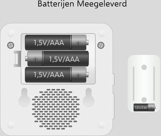 Batterijen voor de deurbel: 3x 1.5V AAA en 1x 12V 23A batterij.