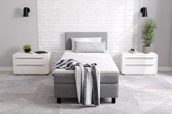 Boxspring Met opbergruimte Erolla - 90x200 cm eenpersoons - grijs stof - zetelsenbedden - Compleet bed met matras en topper - bed storage