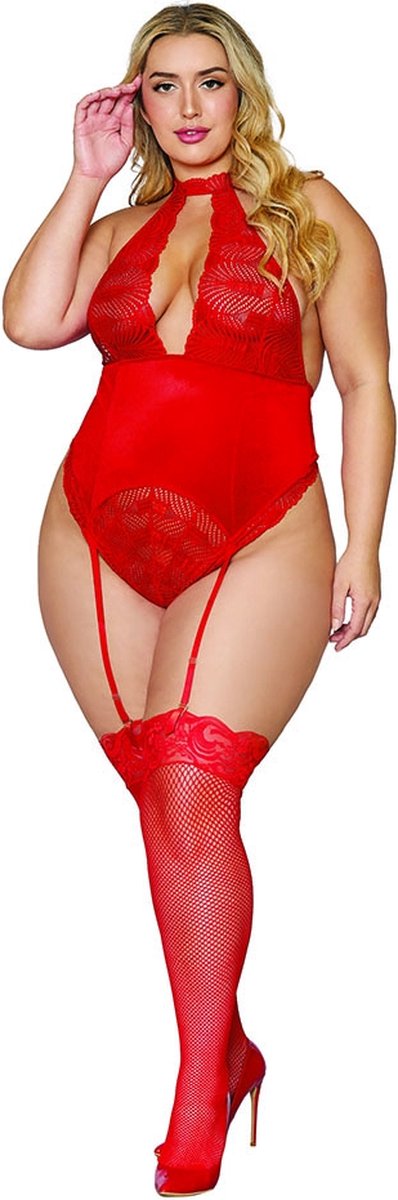 Goedkoopste Dreamgirl (All) Teddy met Stretchkant en Stretchfluwelen Kousenband voor Dames - Plus Size red OSQ