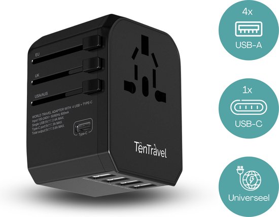TenTravel wereldstekker – USB-C – 4 USB poorten – 170+ landen – zwart