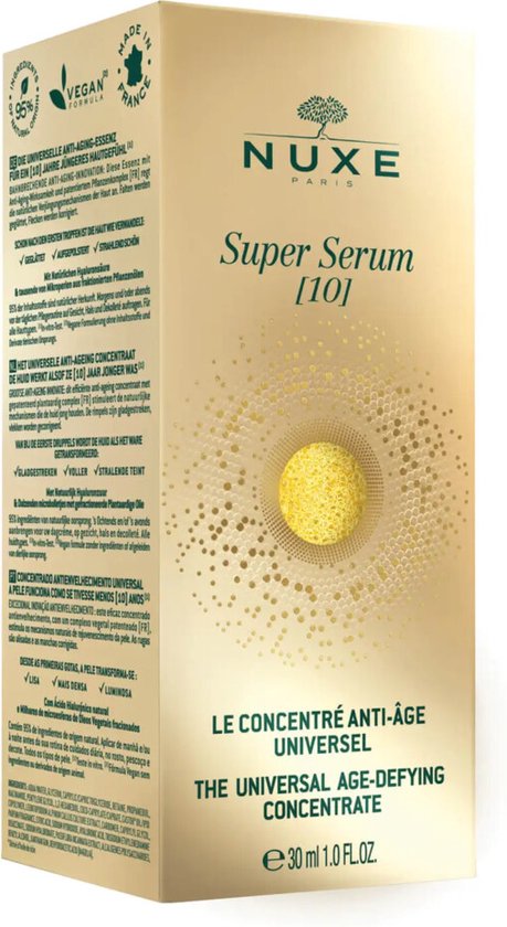 Gouden Nuxe Super Serum [10] anti-age serum verpakking met gedetailleerd cirkelpatroon en productinformatie.