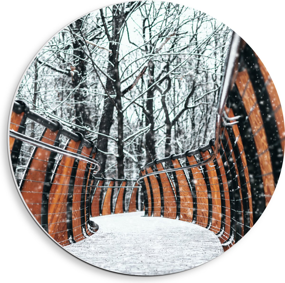 PVC Schuimplaat Muurcirkel - Hekwerk in Ondergesneeuwd Bos - 40x40 cm Foto op Muurcirkel (