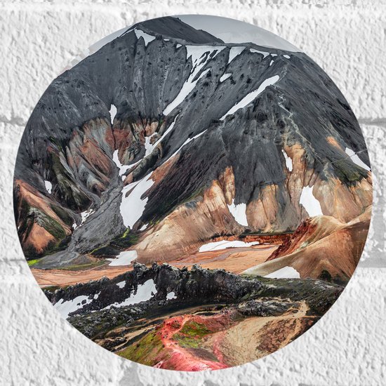 Muursticker Cirkel - Regenboog Tinten Bergen in Vulkaan Gebied - 20x20 cm Foto op Muursticker